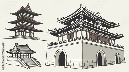 Traditional Asian Architecture Set Pagoda Temple Gatehouse Sketch Historical Oriental Building Illustration for Travel and Cultural Web Design