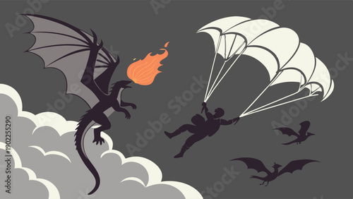 Dragon Attacking Skydiver High Stakes Challenge Unexpected Business Risk Management Crisis Survival Strategy Facing Adversity