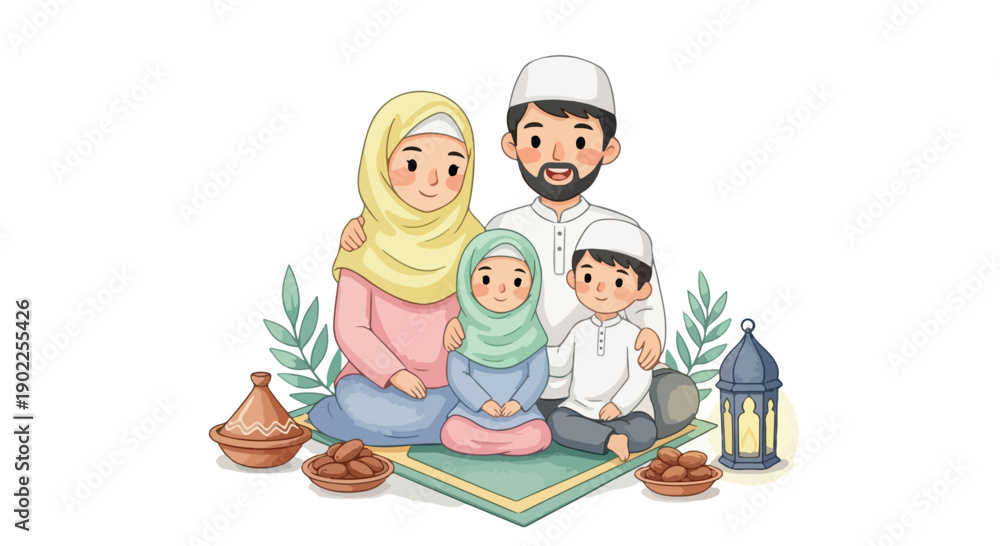 Obraz premium Illustration of a Muslim family sitting on a prayer mat with traditional Ramadan items around them on a white background.