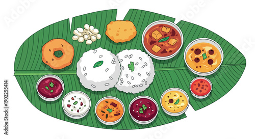 Traditional Indian thali meal served on a green banana leaf with various dishes and rice
