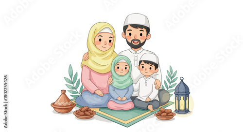 Illustration of a Muslim family sitting on a prayer mat with traditional Ramadan items around them on a white background.