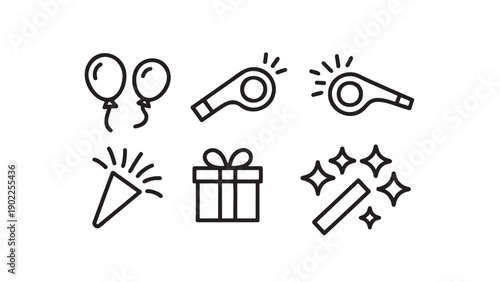 Festive Outline Party Elements and Gift Icon Set: Balloons, Whistles, Confetti, and Present for Celebrations and Special Occasions