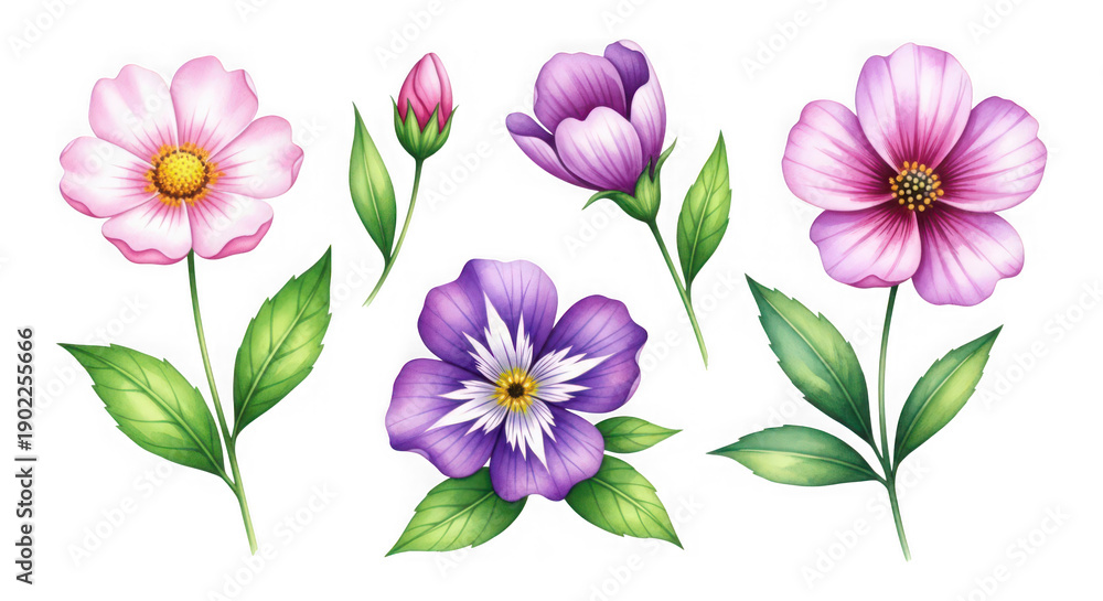 Obraz premium Vibrant illustration of purple and pink flowers with green leaves isolated on transparent background