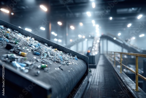 Industrial conveyor belt transports mixed recyclable waste including glass and plastic bottles through a modern processing facility with bright lighting and metal walkways.