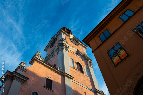 Wallpaper Mural Looking up at clock tower and building facade around the old town area, Stockholm, Sweden. Torontodigital.ca