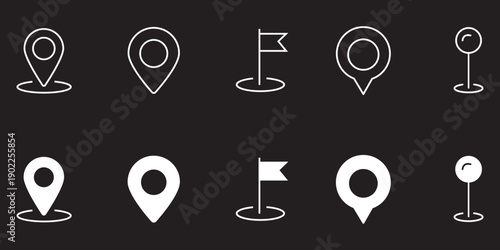 Map pin, location icons collection. Address, GPS, place, flag, sign, point, direction icon vector illustration. Transparent background