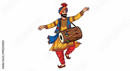 Illustration of a traditional Indian dancer wearing colorful attire and playing a drum with dynamic movements on a white background.