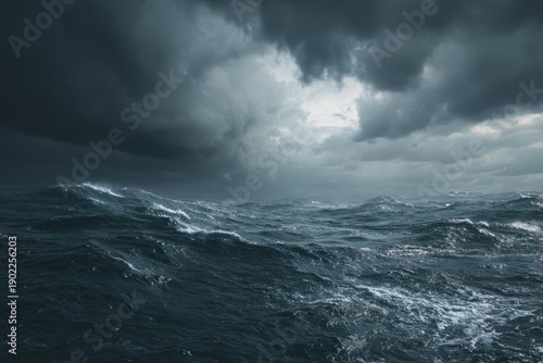A dramatic view of a stormy ocean with large, dark waves crashing under a heavy, overcast sky filled with thick grey clouds. The scene captures the raw power of nature at sea.