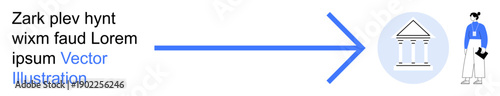 Education, decision-making, goal achievement, learning pathways, guidance, institutions. Blue arrow points towards a classical building with a nearby individual. Education and decision-making concept