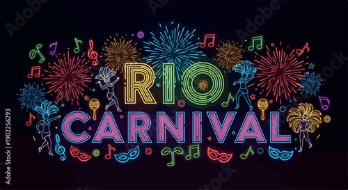 Vibrant graphic illustration of Rio Carnival text surrounded by colorful fireworks, music notes, and masks on a black background.