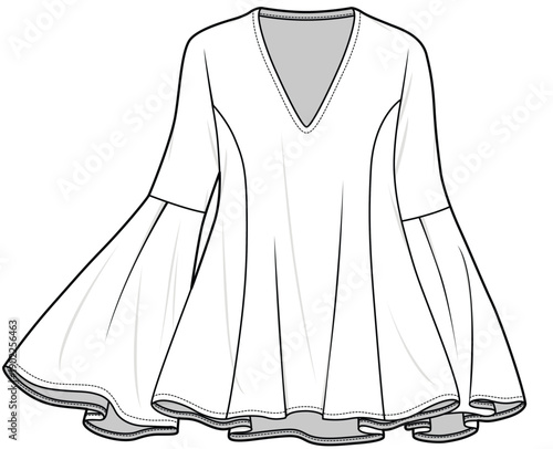 womens deep v neck wide bell sleeve tunic top flat sketch vector illustration cad drawing template