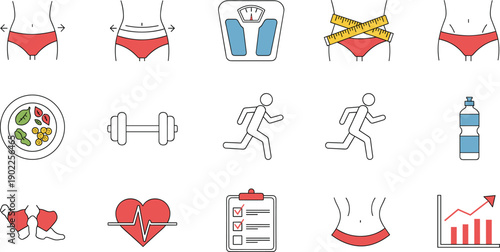 Weight Loss and Fitness Icon Vector Set with Diet Exercise Running Measurement Hydration Heart Health and Body Progress Symbols