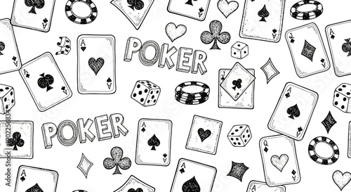 Exciting Poker Game, Playing Cards and Chips, Casino Table, Illustration, High Stakes, Top-Down View, Fun and Strategy