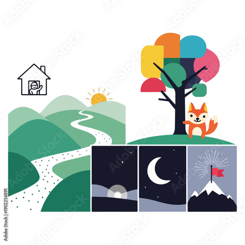 Colorful Fox Standing Under Tree Illustration.