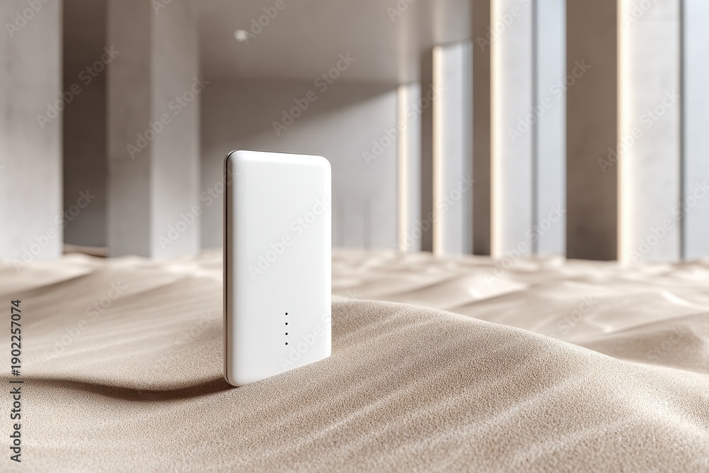 Naklejka premium A sleek white portable electronic device stands upright on a wavy sand surface within a minimalist modern interior featuring soft lighting and architectural pillars.