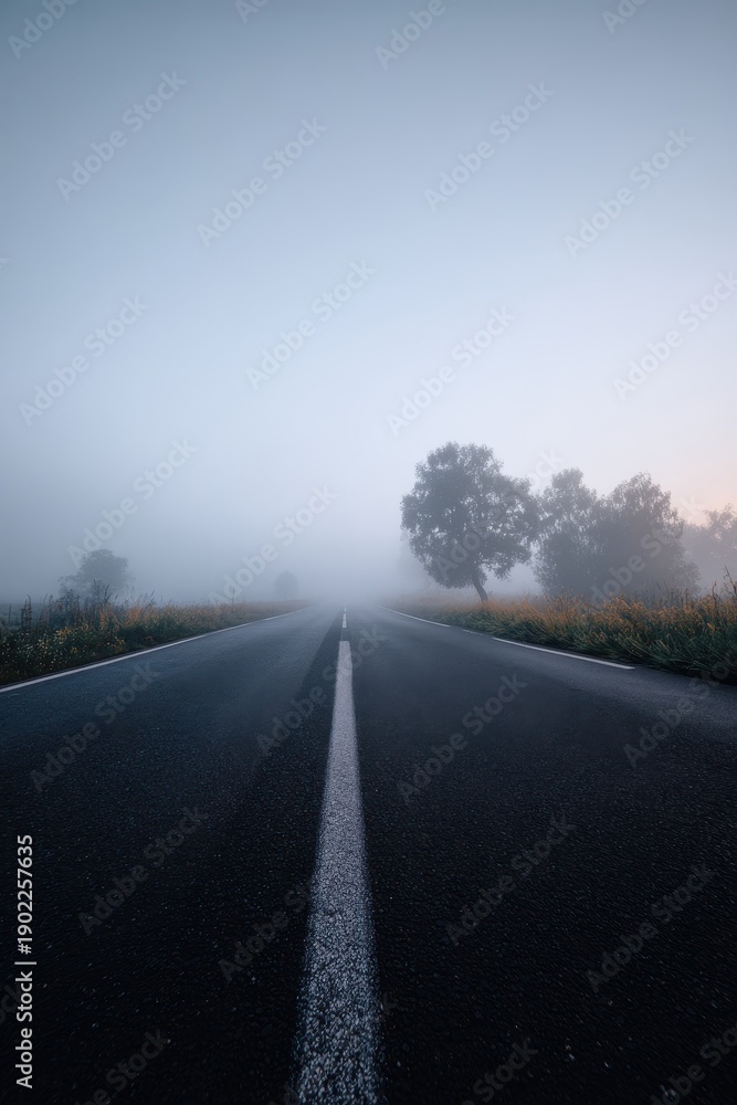 Fototapeta premium A long asphalt road with a white center line stretches into a thick morning fog. Trees and tall grass line the sides of the empty highway under a pale, misty sky at dawn.