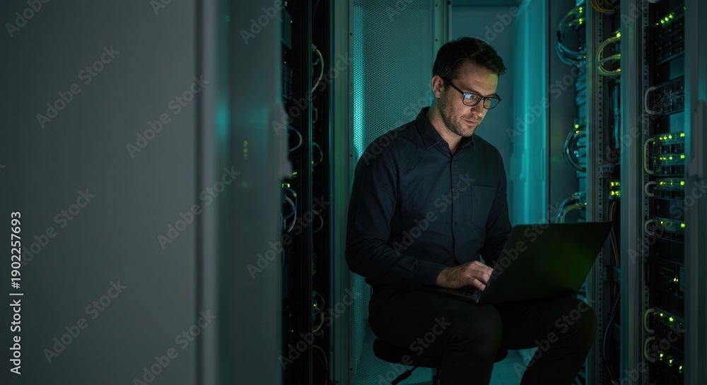 Fototapeta premium IT engineer working on laptop in server room data center.