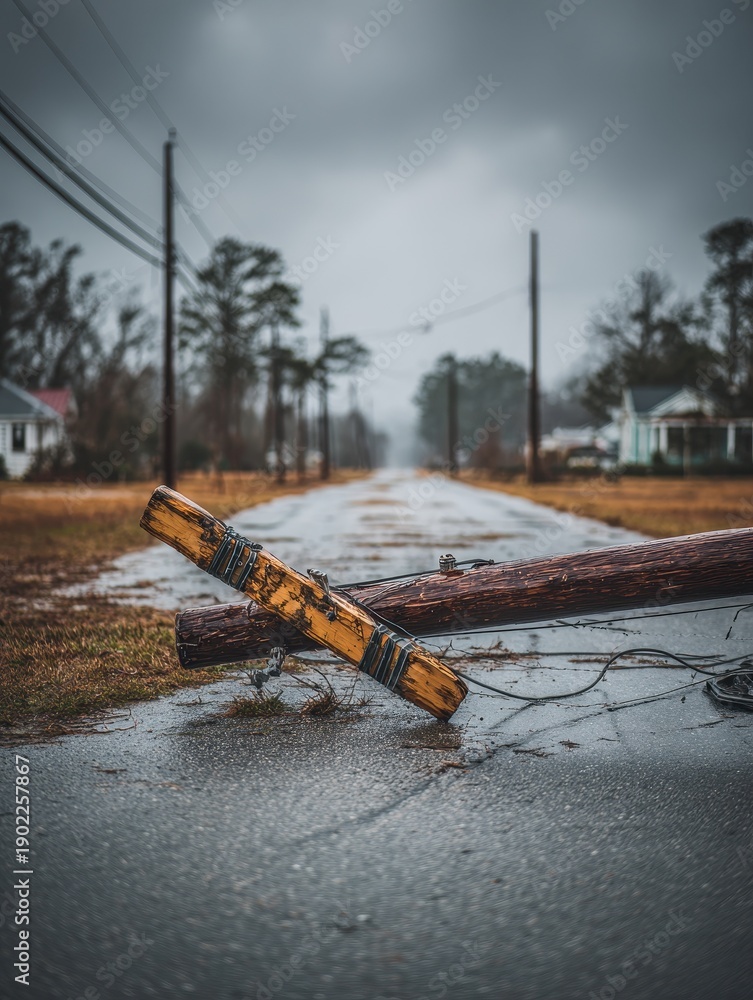 Fototapeta premium A fallen wooden utility pole lies across a wet asphalt road in a residential area after a storm. Broken cables and wires are scattered on the ground under a gloomy, overcast sky.