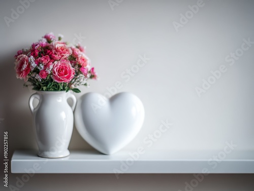 Wallpaper Mural A white ceramic vase filled with pink roses sits next to a large white heart-shaped sculpture on a clean white shelf against a neutral background. Ideal for romantic home decoration. Torontodigital.ca