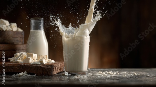 Milk splashing into glass kitchen table beverage photography rustic environment close-up view culinary delight