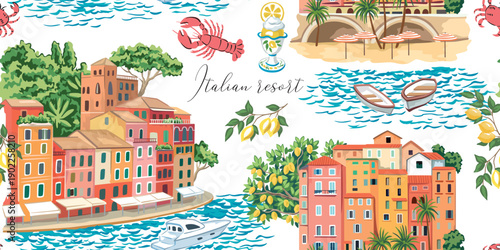 Italian resort town, beach, boat, umbrella, lemon tree, lobster, gelato, crab, sea wave seamless pattern. Summer Mediterranean coast print.