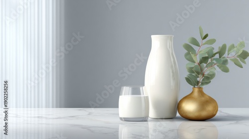 Elegant home decor arrangement with vases and greenery in minimalist space modern aesthetic soft lighting