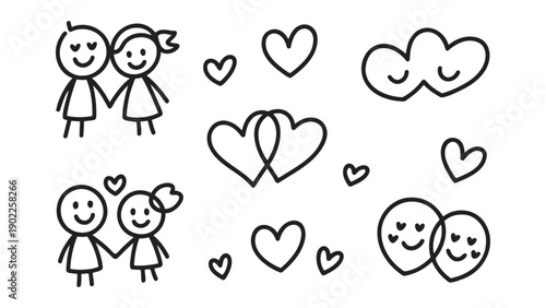 Cute Hand-Drawn Doodle Couple with Loving Hearts Collection: Sweet Romance and Relationship Clip Art for Valentine's Day and Affectionate Designs