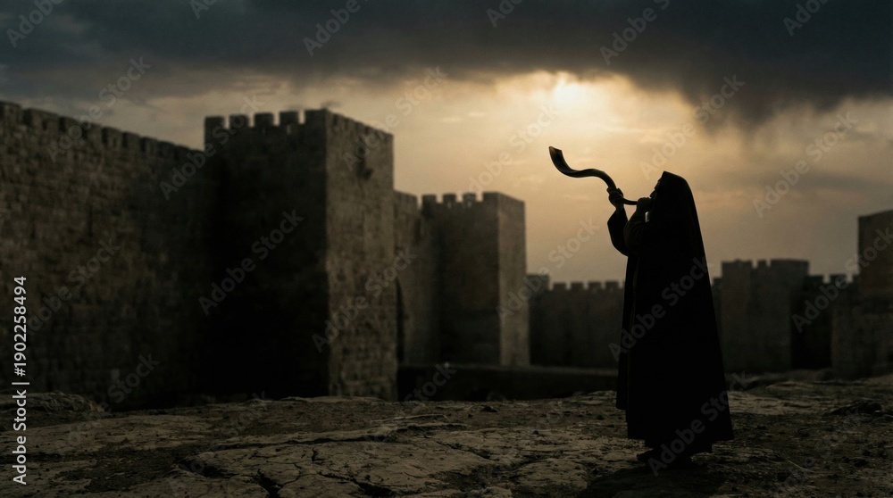 Obraz premium Mysterious Figure Blowing Shofar Horn Near Ancient Stone Walls Under Dramatic Sky.