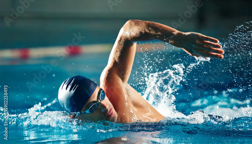 Male athlete swimming crawl in a pool during a race