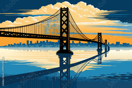 Golden gate bridge illustration with a vibrant sunset and city skyline