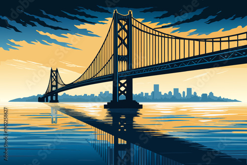 Golden gate bridge illustration with a city skyline and sunset reflection