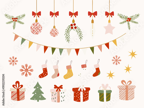 Festive christmas decorations including ornaments stockings and gift boxes