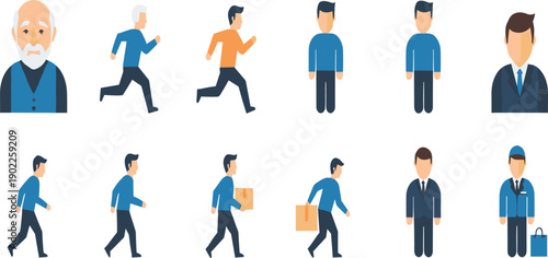 Business Man Character Vector Set Showing Walking Running Working Aging Career Progression and Professional Lifestyle Actions