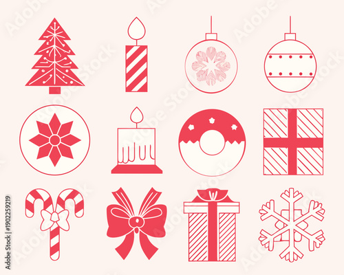 Festive red christmas icons arranged in a grid pattern