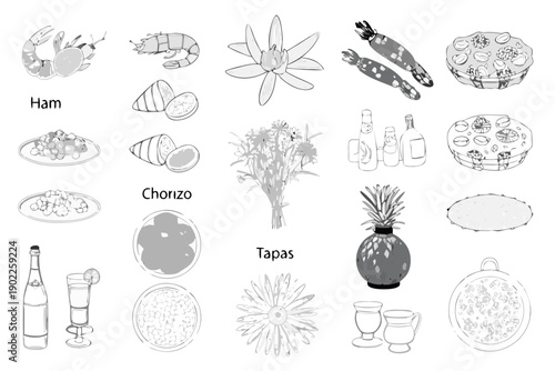 A collection of sketched food items and beverages in grayscale