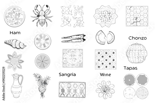 Black and white illustrations of food nature and decorative patterns