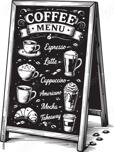 Charming Coffee Menu sign showcases a delightful chalkboard design, highlighting the variety of coffee selections.