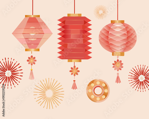 Festive chinese lanterns and firework decorations on a peach background