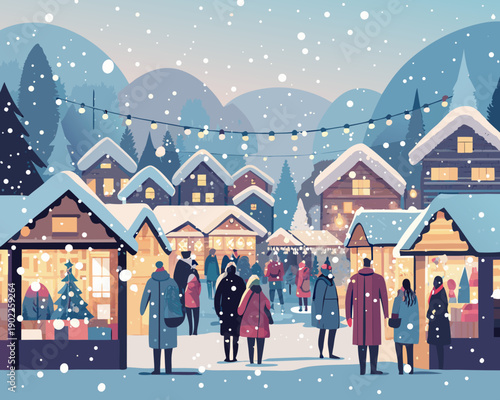 A bustling christmas market scene with snowy rooftops and festive lights