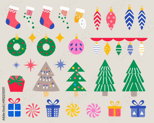 Festive christmas ornaments and socks in a colorful flat design