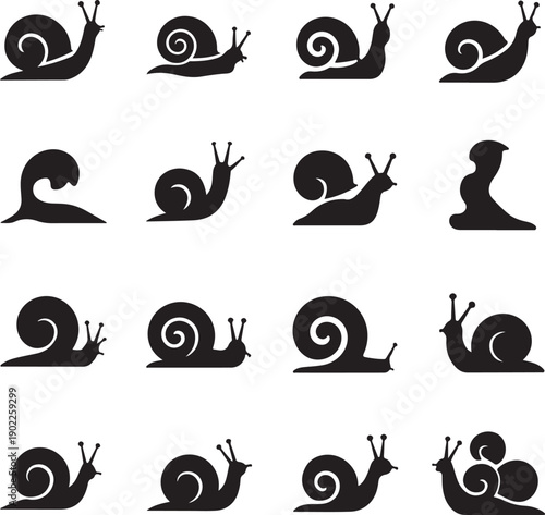 set of snail silhouettes in different positions on white background