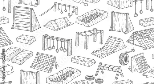 Exciting Obstacle Course Designs, Training Equipment, Outdoor Setting, Illustration, Play Environment, Unique Perspective, Fun Challenges