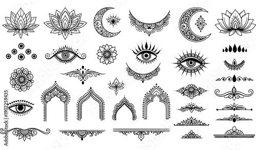Henna inspired tattoo doodle vector elements with ethnic ornamental symbols on white background