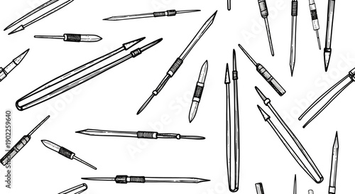 Artistic Illustration, Writing Instruments, Creative Space, Digital Artwork, Abstract Composition, Top View, Pen and Pencil Design