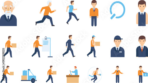 Business Man Character Vector Set with Working Running Delivery Office Staff Career Actions and Professional Lifestyle Illustrations