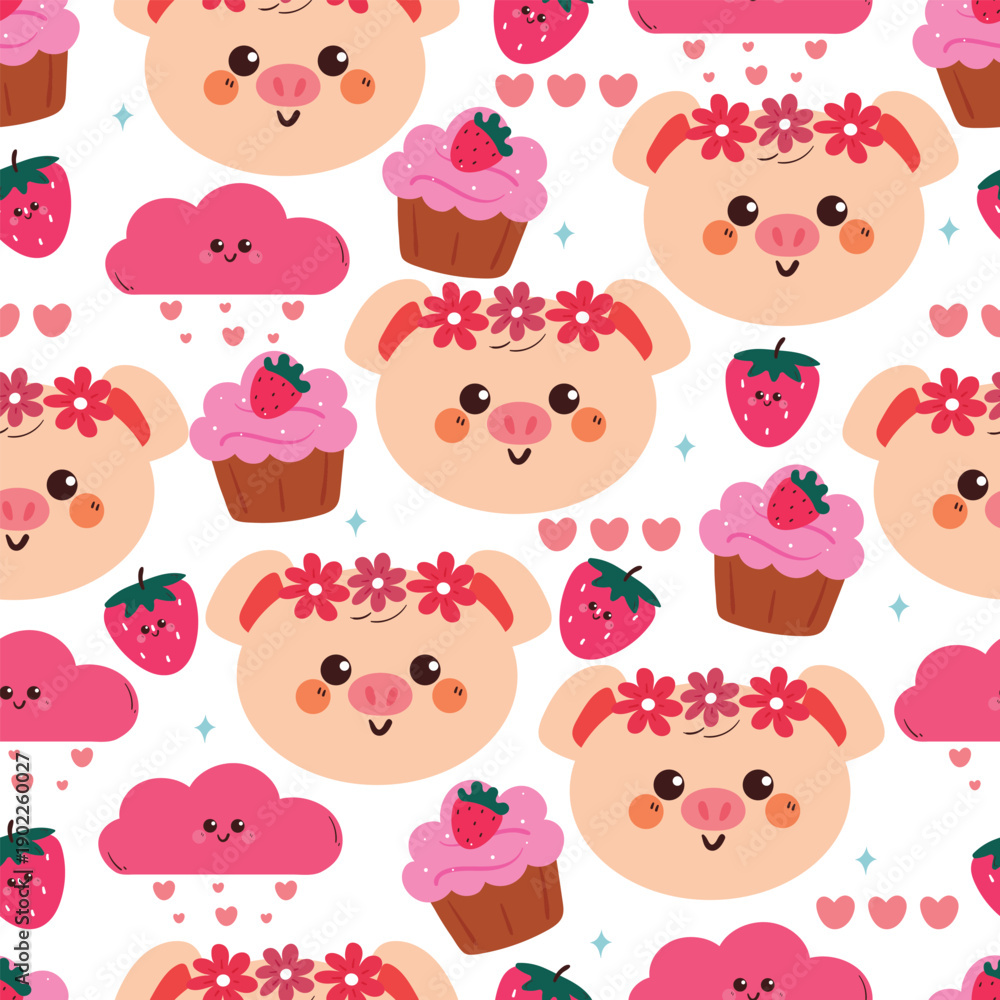 Obraz premium cute hand drawn cartoon pig with flower crown and pink stuff seamless pattern. cute valentine background pattern