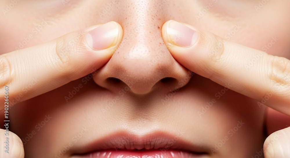 Naklejka premium Close up of fingers touching nose with visible pores and blemishes skin blackheads