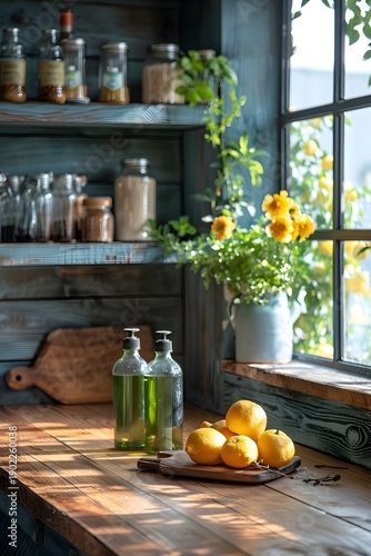 Sunlight streams through a window, illuminating a rustic kitchen corner. Fresh lemons are placed on a wooden cutting board, alongside green bottles and a jar of vibrant flowers
