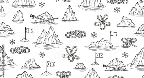 Artistic Illustration of Icebergs and Flags, Nature Theme, Minimalist Style, White Background, Graphic Design, Creative Concept