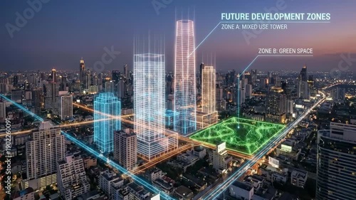 Smart city planning with highlighted future development zones and green space on an urban landscape at dusk